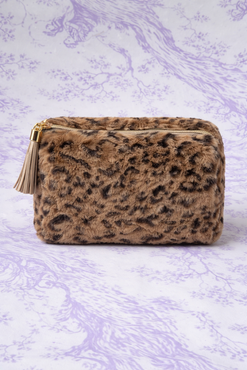 Leopard Print Cosmetic Bags- Faux Fur Makeup Pouch with Zipper & Tassel