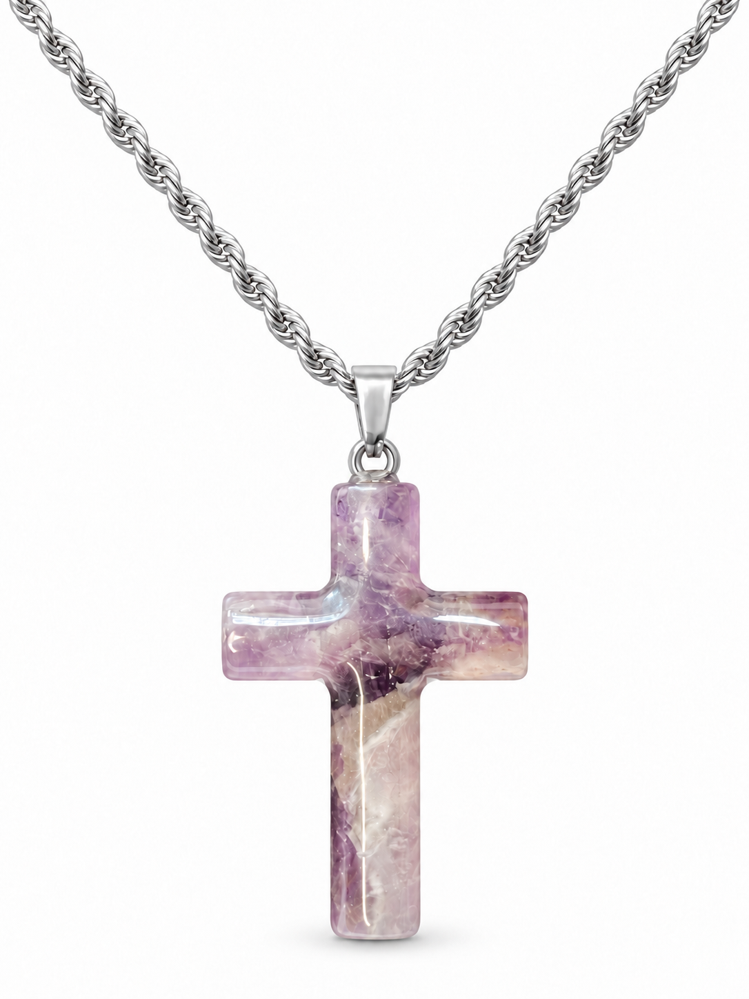 Silver Purple Crystal Cross Pendant Necklace