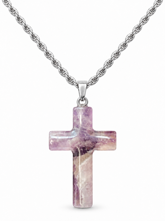 Silver Purple Crystal Cross Pendant Necklace