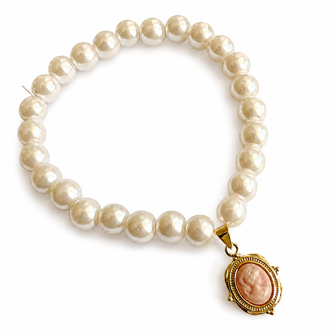 Vintage Inspired Cameo Charm Pearl Beaded Bracelet