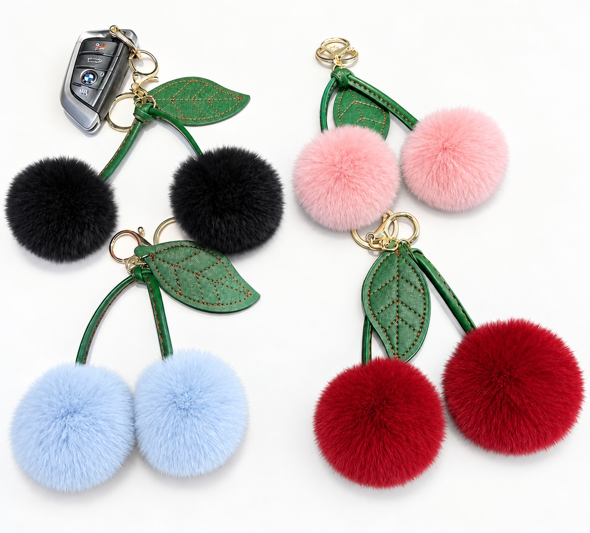 Fluffy Double Pom Pom Cherry Keychain