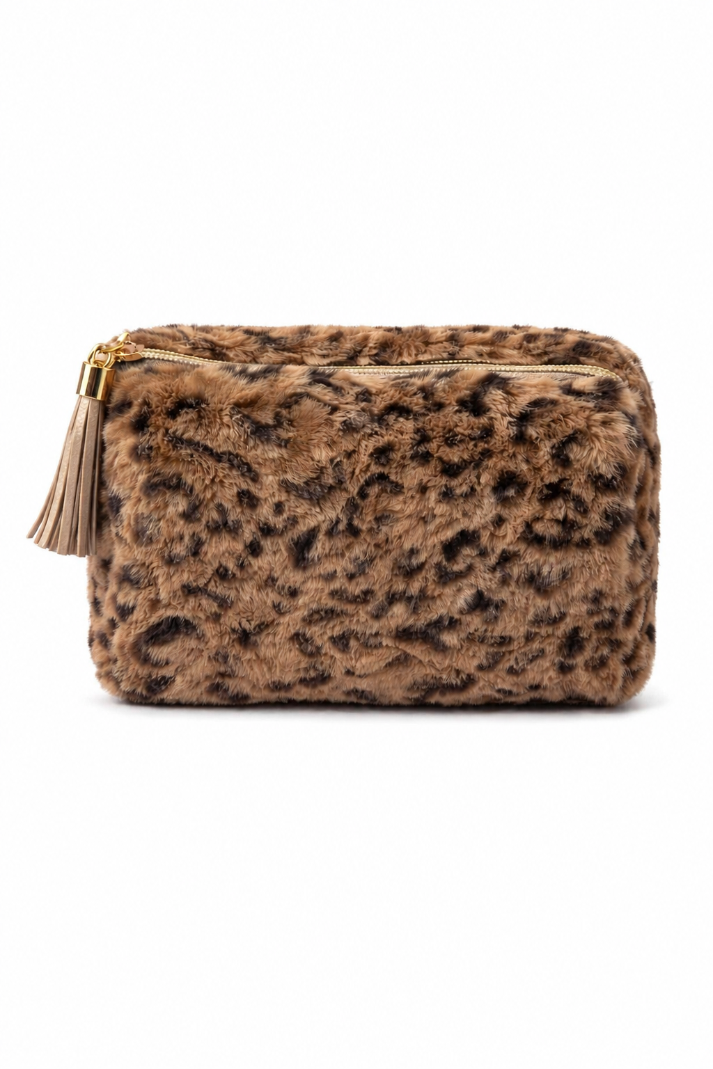 Leopard Print Cosmetic Bags- Faux Fur Makeup Pouch with Zipper & Tassel