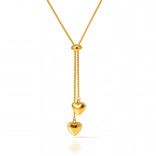 Gold Double-Heart Adjustable Lariat Necklace