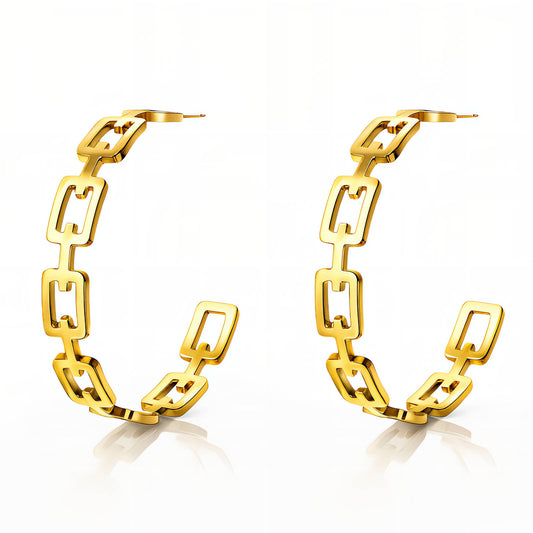 Gold Geometric Rectangular-Link Hoop Earrings