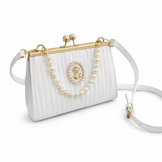 Elegant Pearl- Inspired Vintage Cameo Head Purse- Gold and White