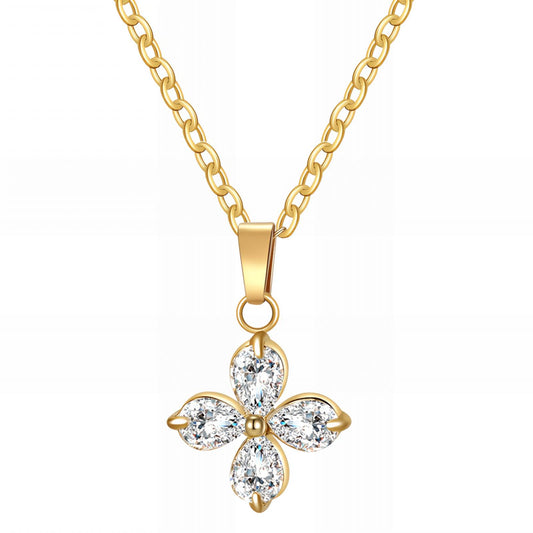 Gold Four-Leaf Clover Zircon Pendant Necklace