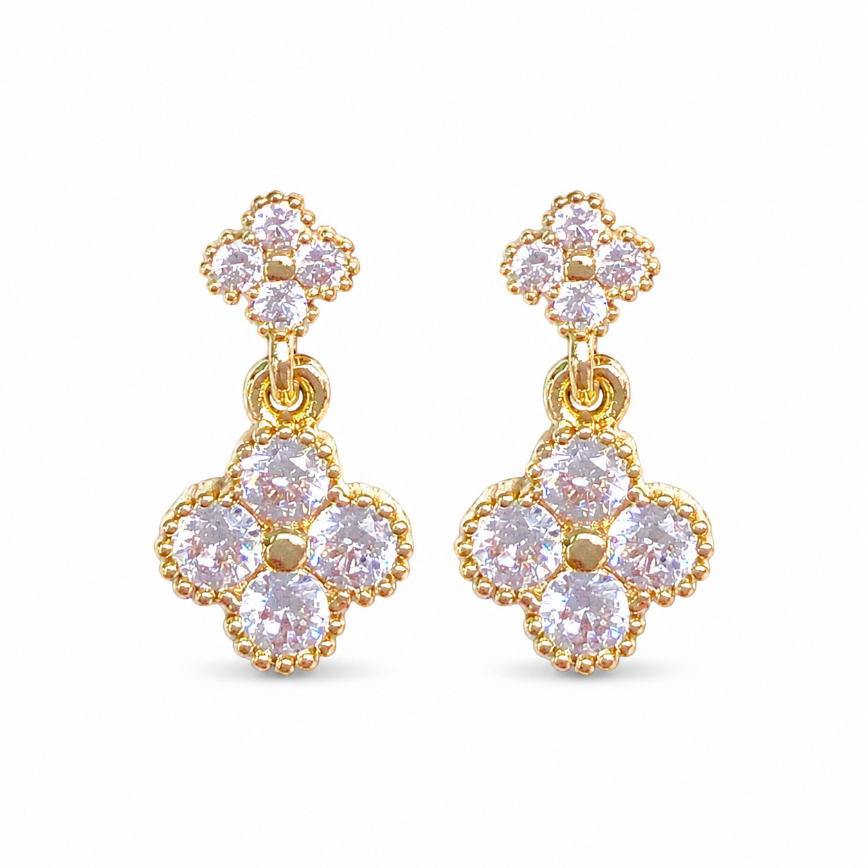 Gold Double-Clover Zircon Drop Earrings