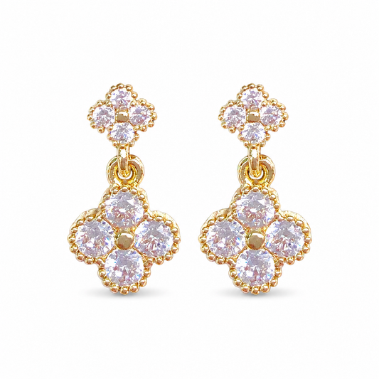 Gold Double-Clover Zircon Drop Earrings