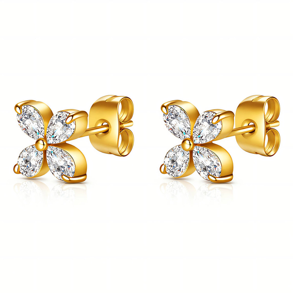Gold Four-Leaf Clover Zircon Stud Earrings
