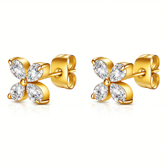 Gold Four-Leaf Clover Zircon Stud Earrings