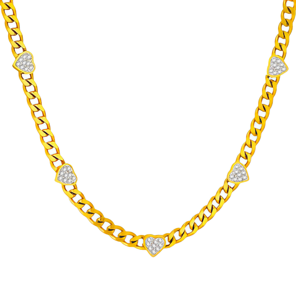 Gold Five-Heart Zircon Curb Chain Necklace