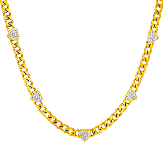 Gold Five-Heart Zircon Curb Chain Necklace