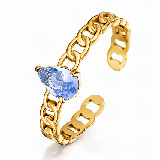 Blue Pear Cut Stone Chain Band Adjustable Ring