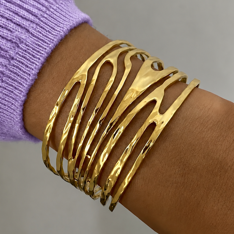 Gold Tone Hammered Wide Cuff Bracelet