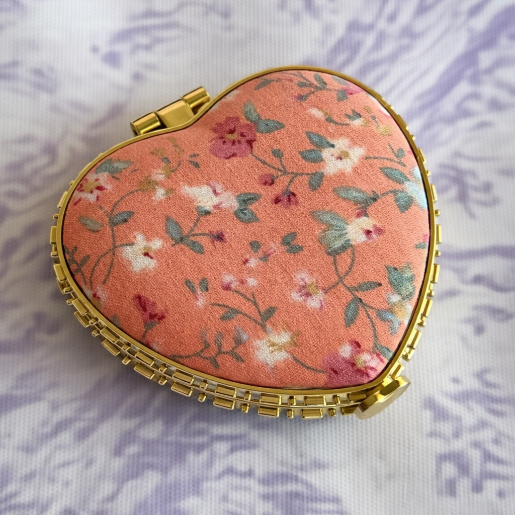Pink Heart Shaped Floral Print Compact Mirror