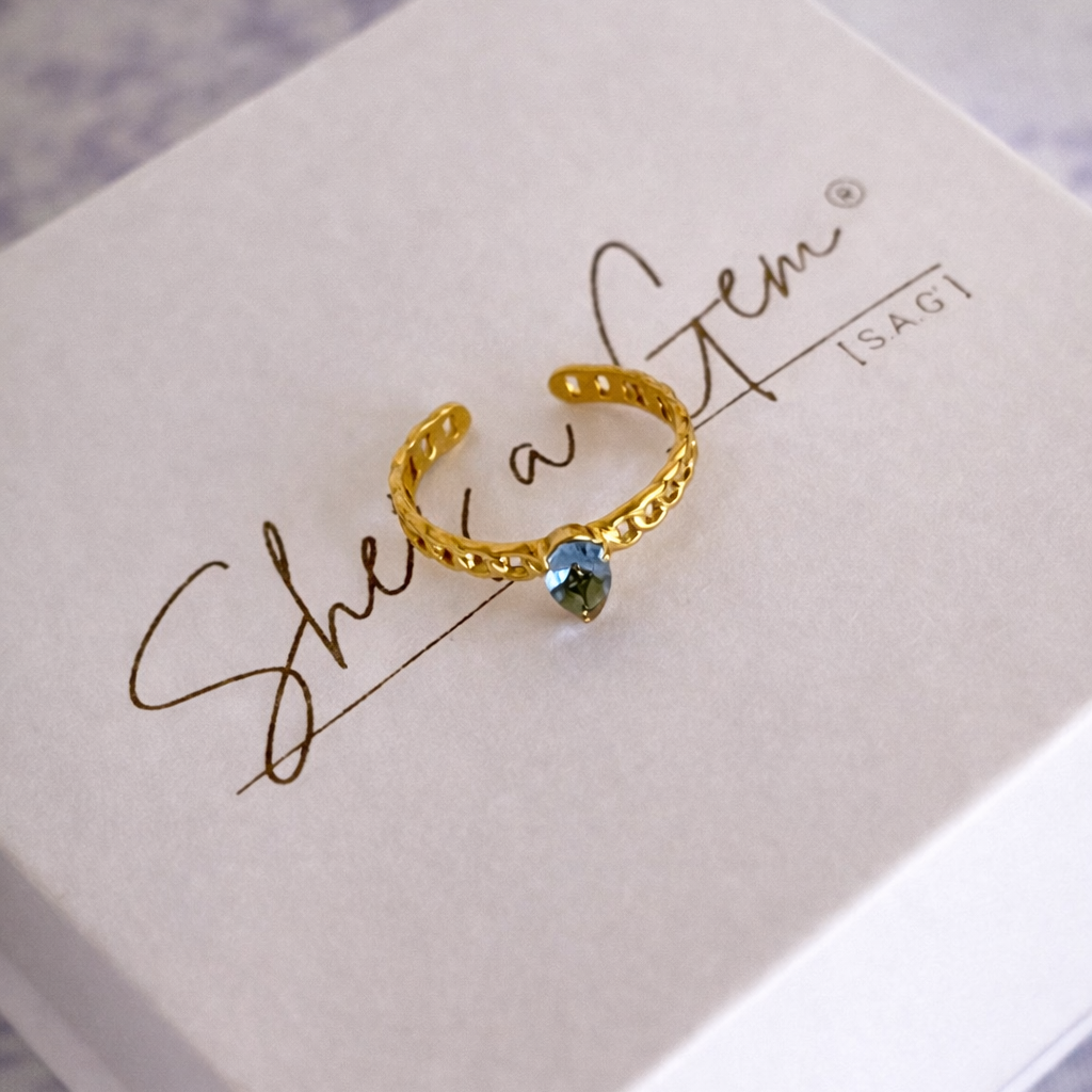 18K Gold Plated Stainless Steel Pear Cut Blue Stone Chain Band Adjustable Ring