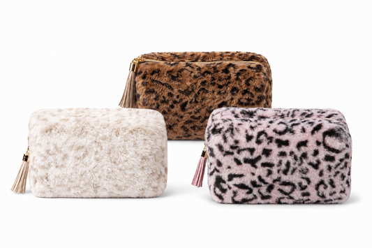 Leopard Print Cosmetic Bags- Faux Fur Makeup Pouch with Zipper & Tassel