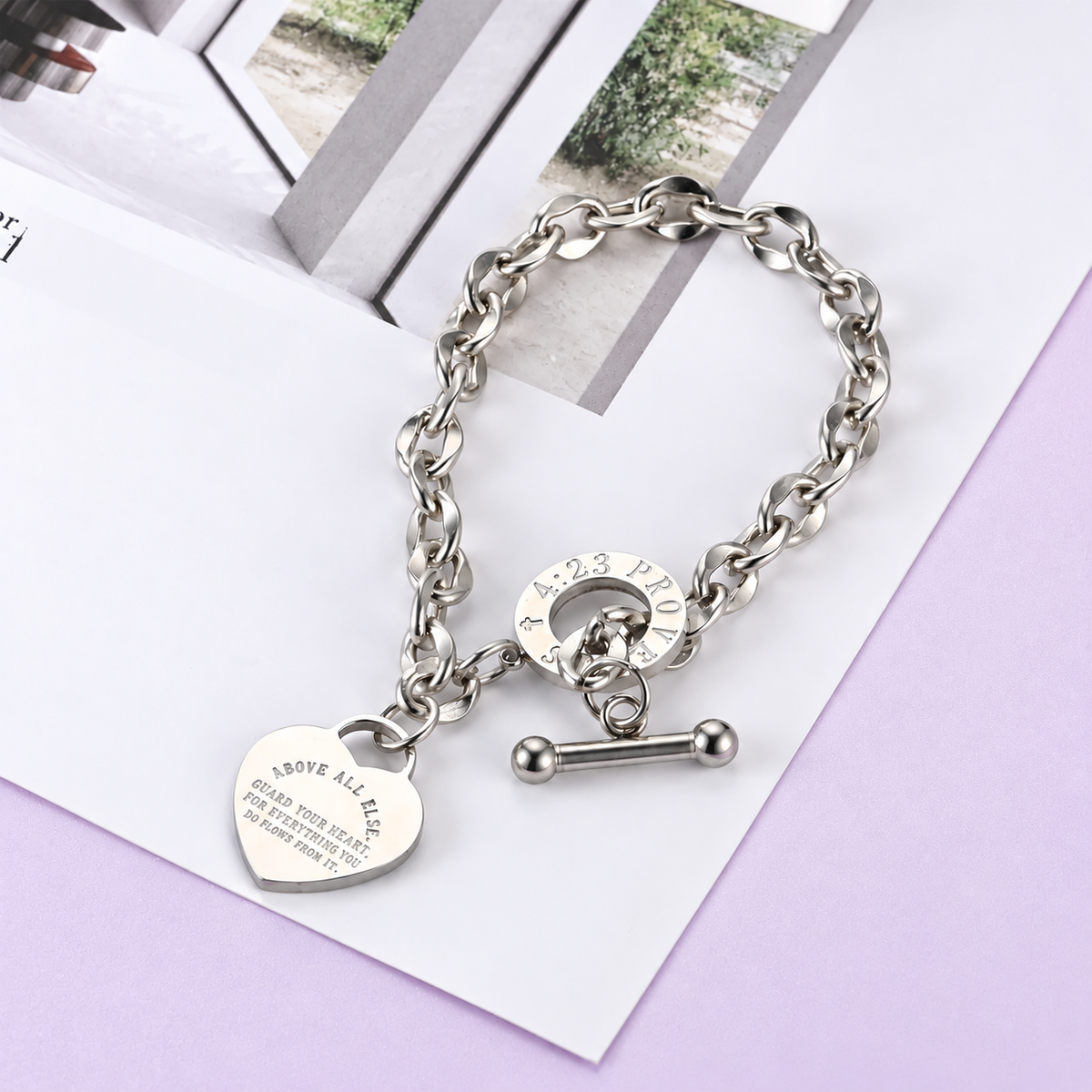 Silver Proverbs 4:23 Heart Charm Toggle Bracelet