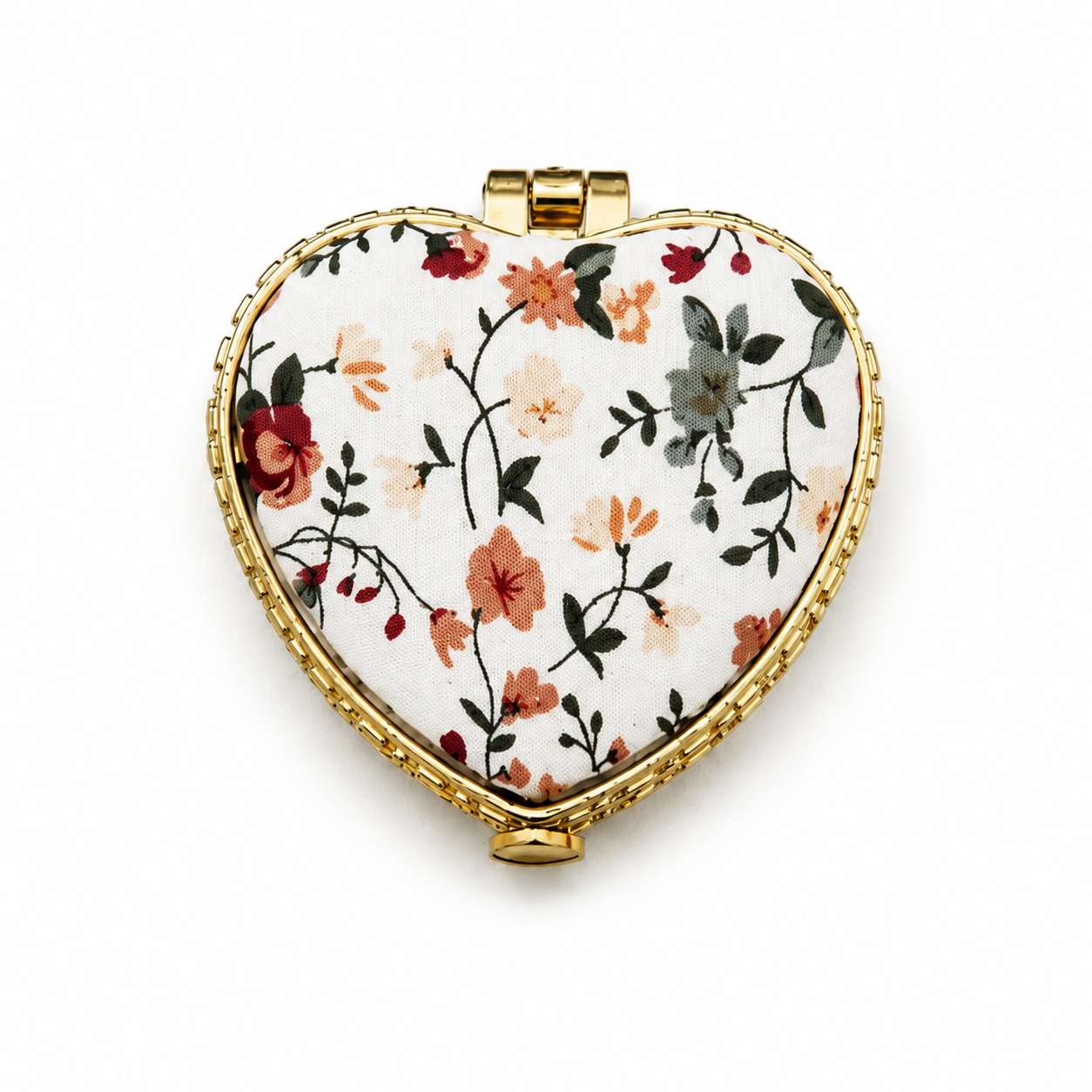 White Heart Shaped Floral Print Compact Mirror
