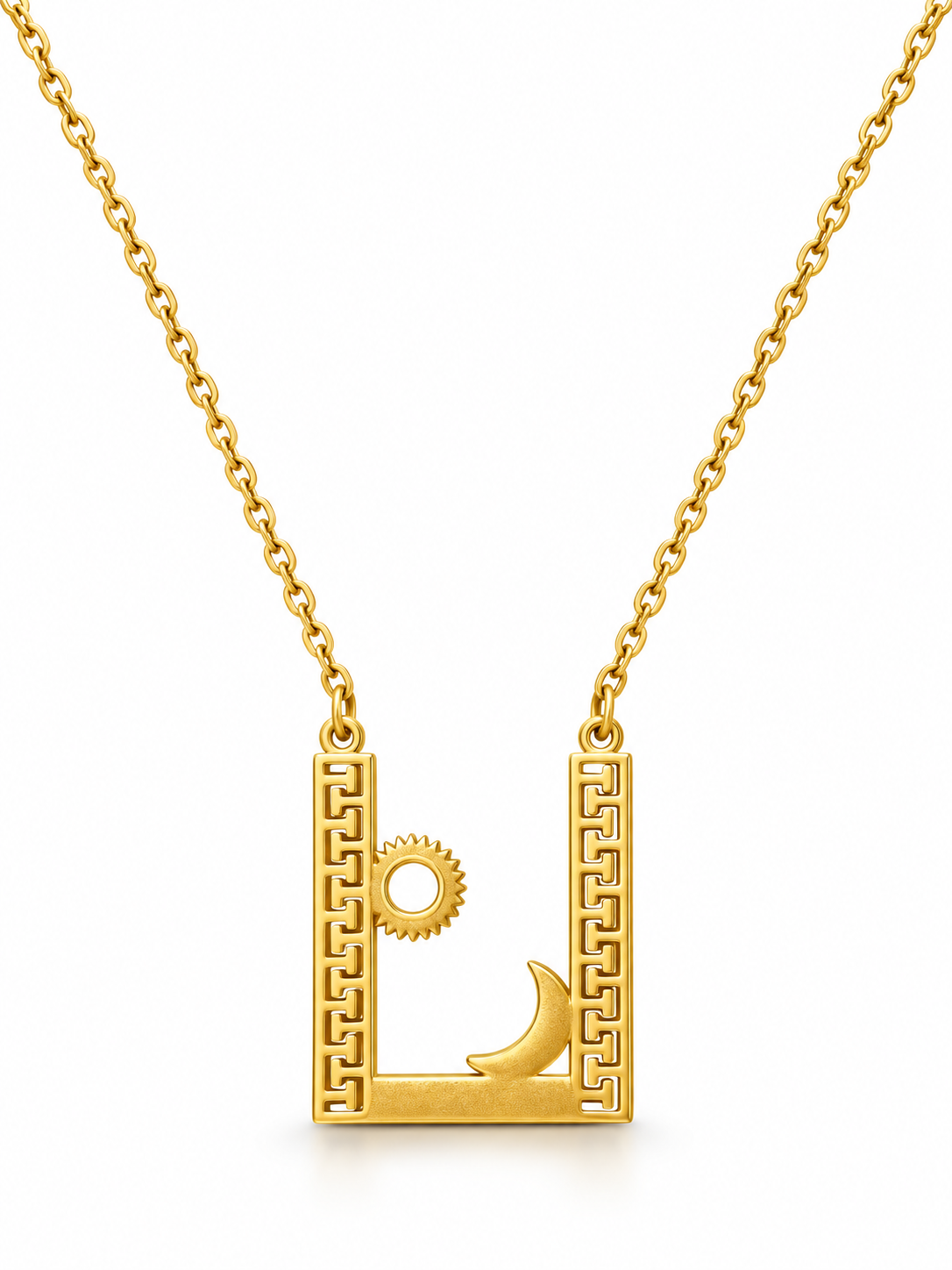 Gold Sun & Moon Greek Key Geometric Pendant Necklace