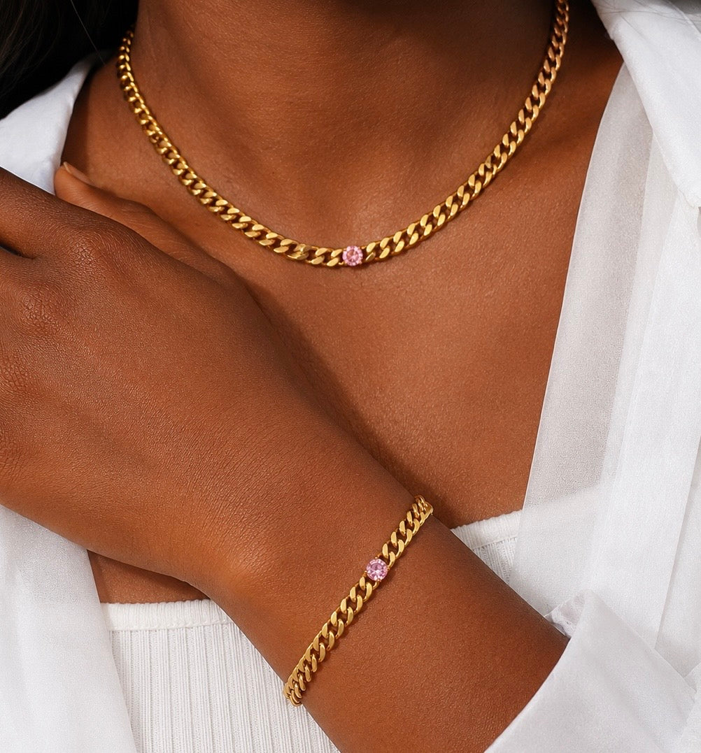 Pink Gem Cuban Link Necklace & Bracelet Set