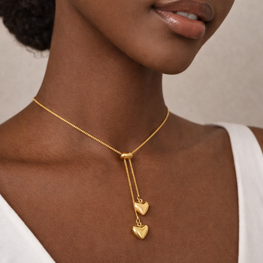 Gold Double-Heart Adjustable Lariat Necklace