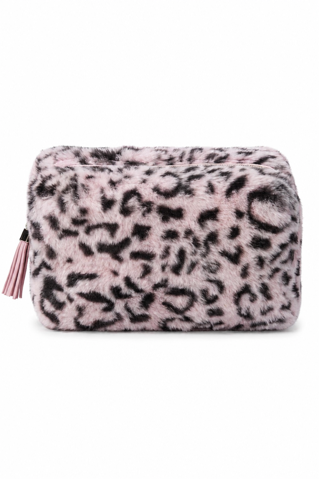 Leopard Print Cosmetic Bags- Faux Fur Makeup Pouch with Zipper & Tassel