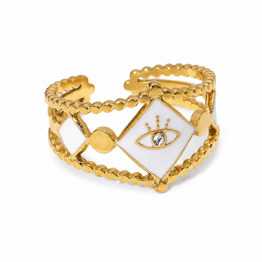 Golden Gaze White Enamel Evil Eye Statement Ring