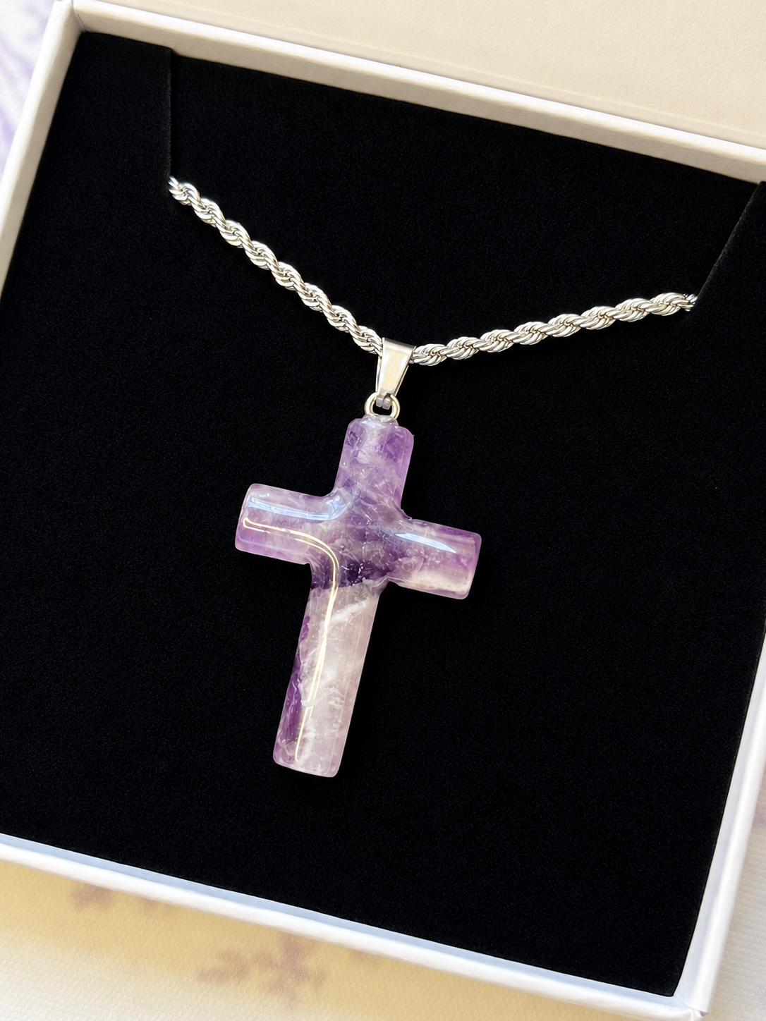 Silver Purple Crystal Cross Pendant Necklace