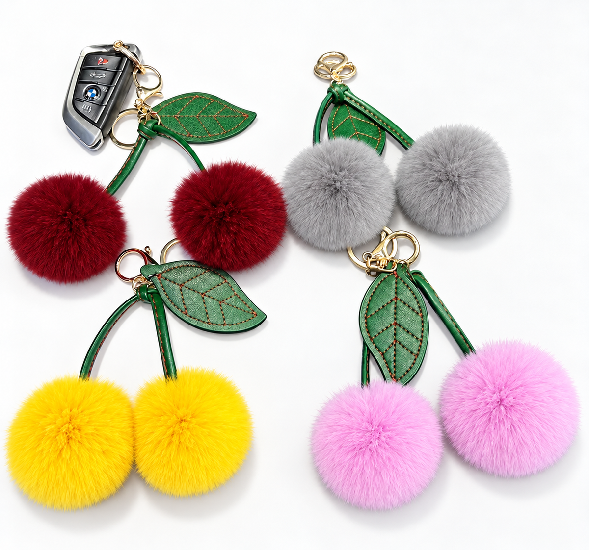Fluffy Double Pom Pom Cherry Keychain