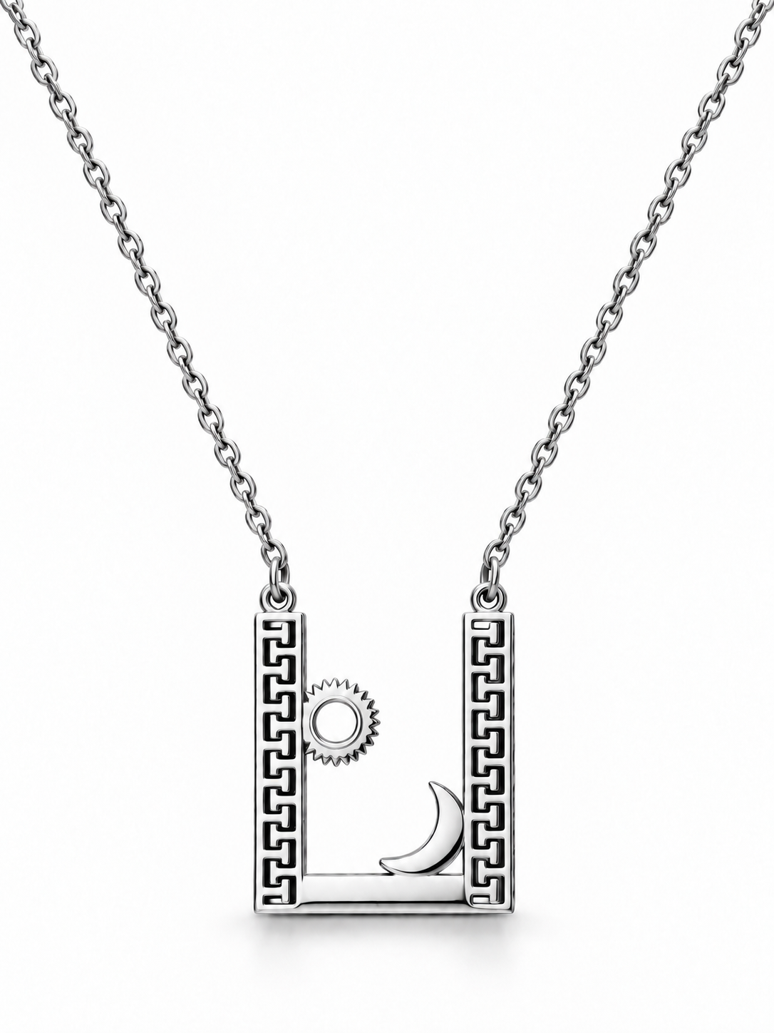 Silver Sun & Moon Greek Key Geometric Pendant Necklace