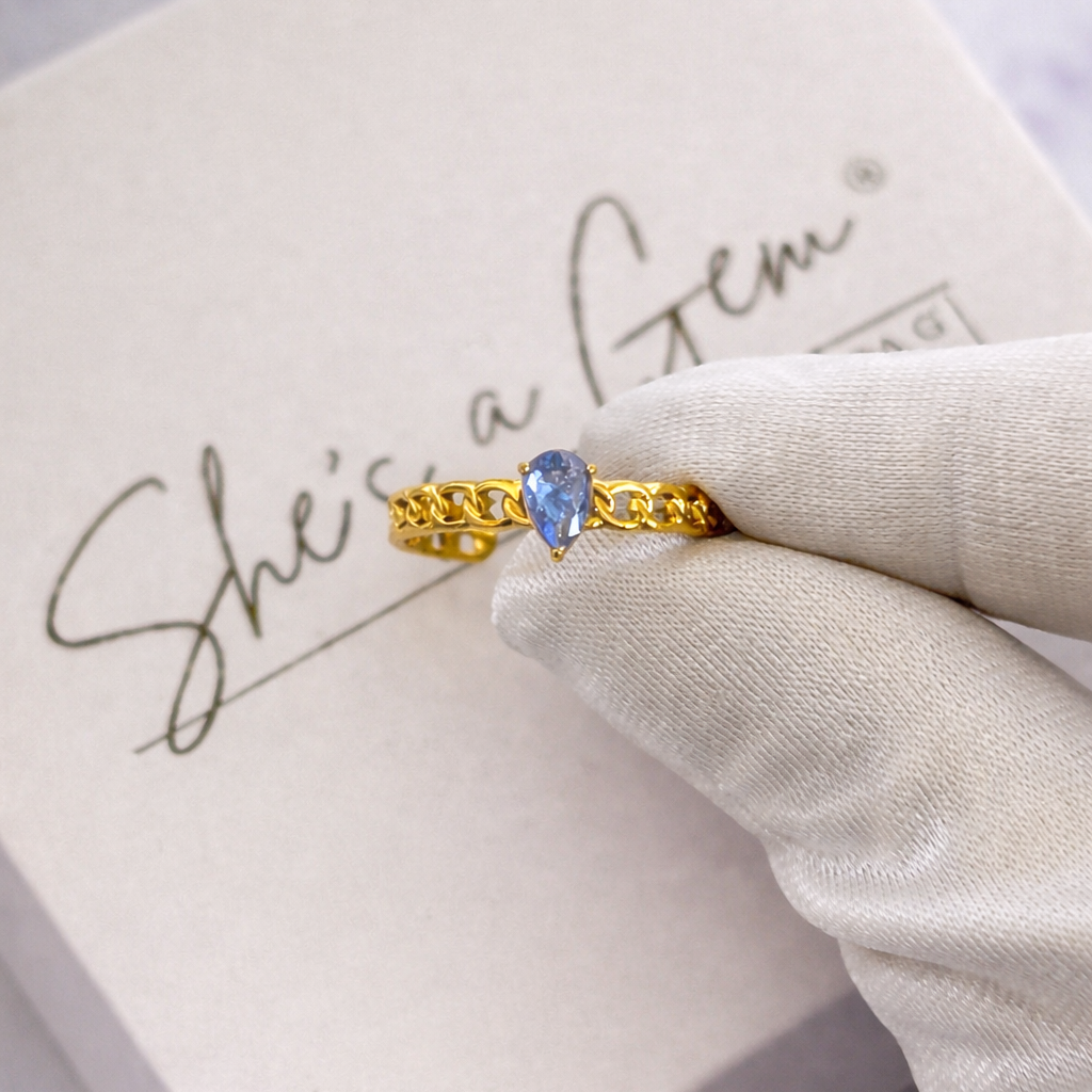 18K Gold Plated Stainless Steel Pear Cut Blue Stone Chain Band Adjustable Ring