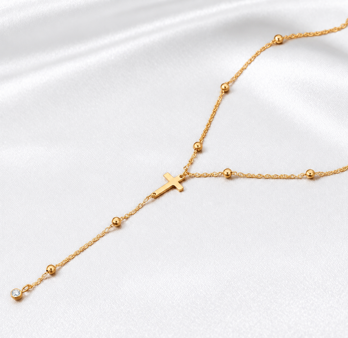 Gold Beaded Cross Y Necklace