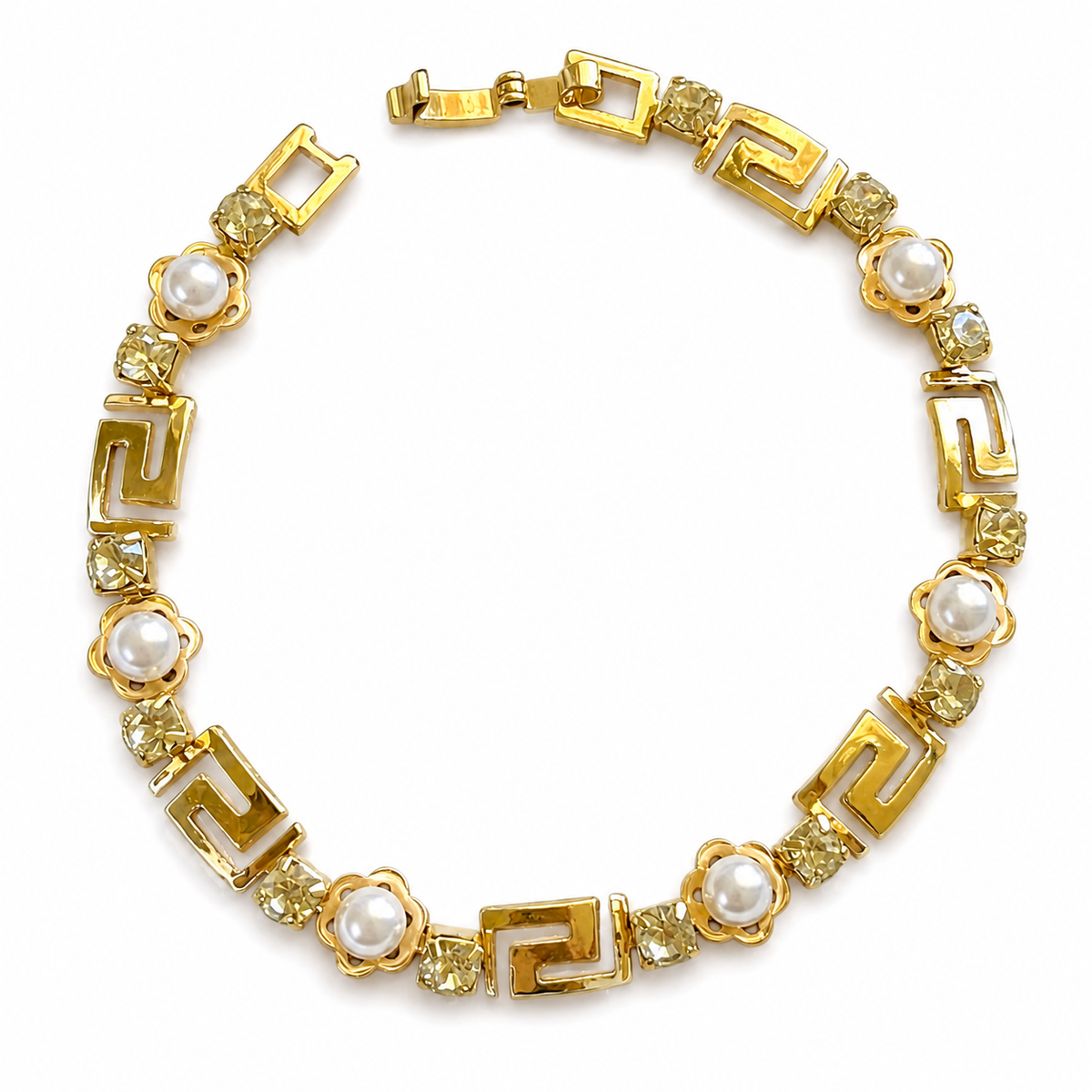 Gold Greek Links Imitation Pearl Bracelet