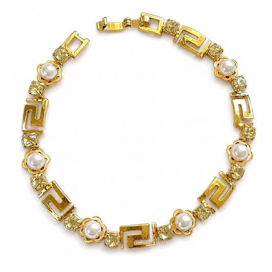 Gold Greek Links Imitation Pearl Bracelet