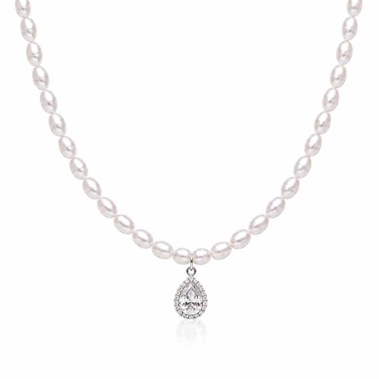 Freshwater Pearl Necklace with Pear-Cut Zircon Pendant