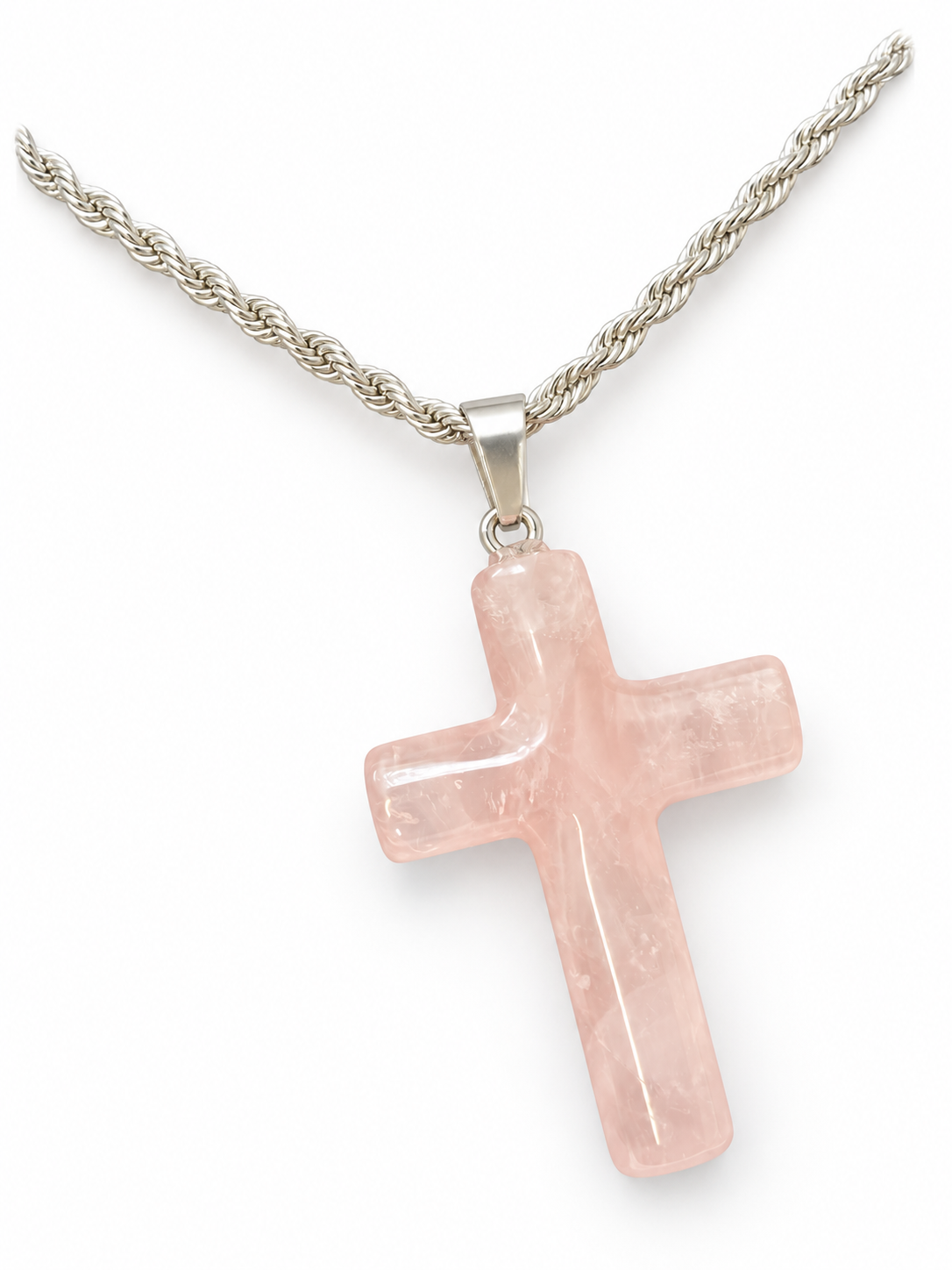 Silver Pink Crystal Cross Pendant Necklace