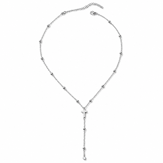 Silver Beaded Cross Y Necklace