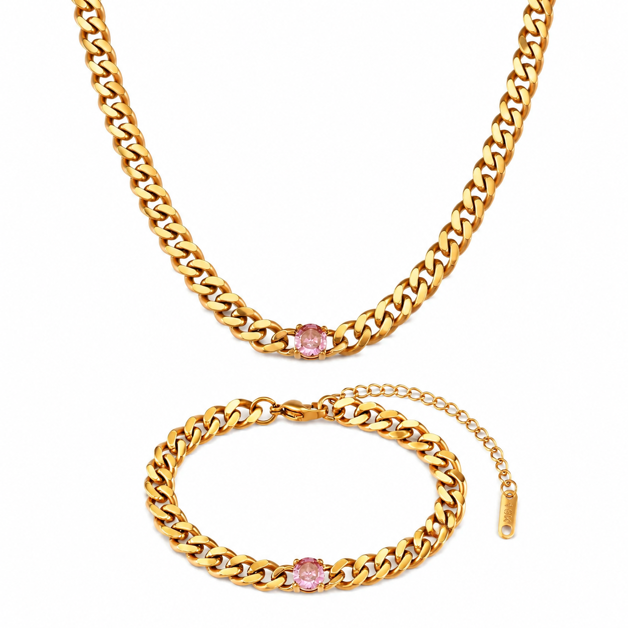 Pink Gem Cuban Link Necklace & Bracelet Set