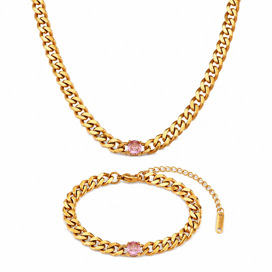 Pink Gem Cuban Link Necklace & Bracelet Set