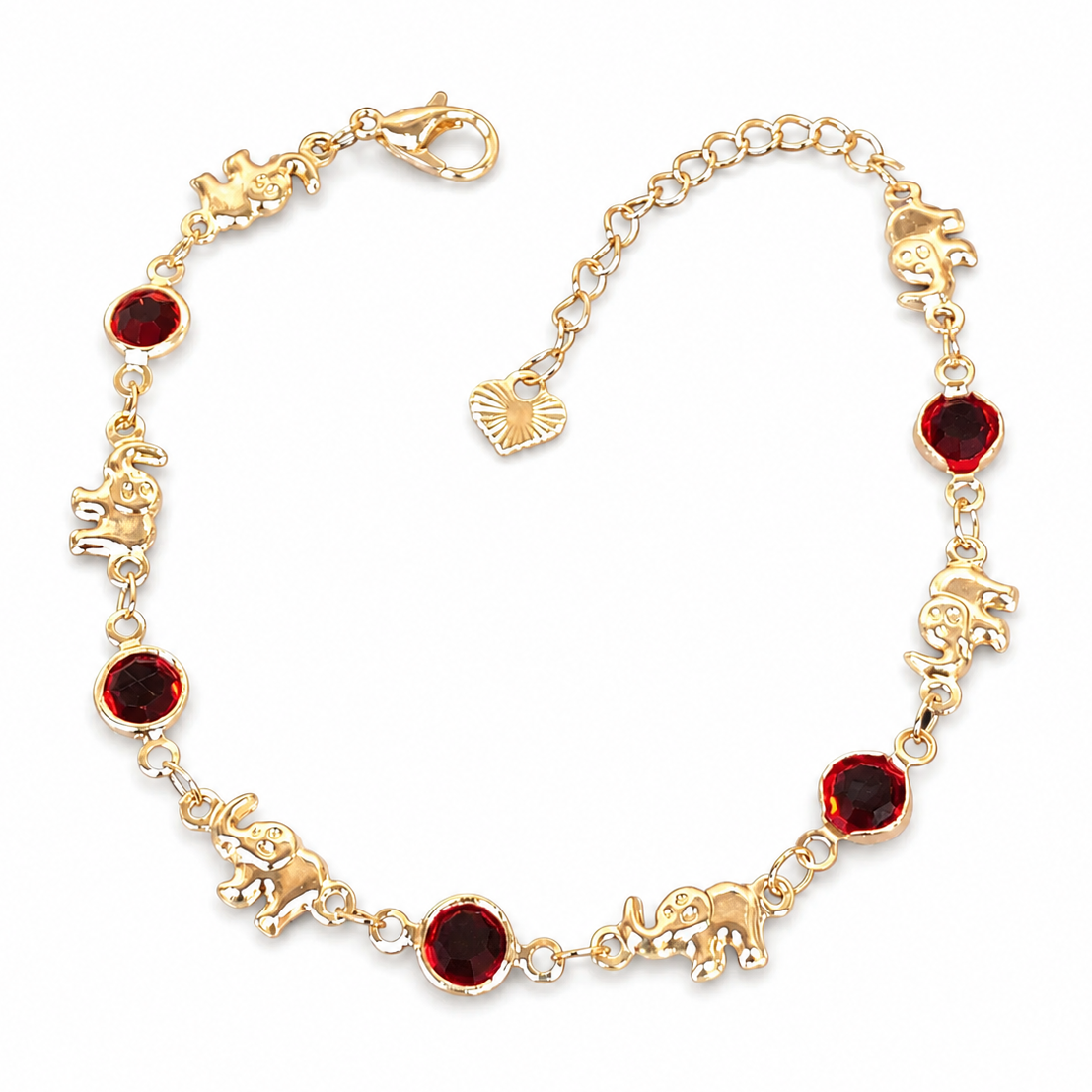 Gold Elephant Charm Bracelet with Red Stones