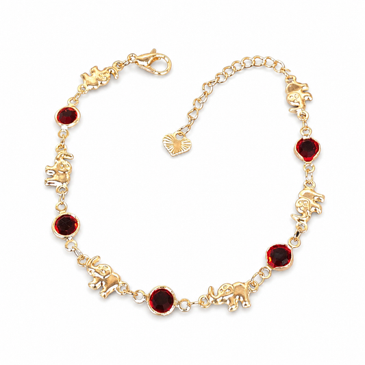 Gold Elephant Charm Bracelet with Red Stones