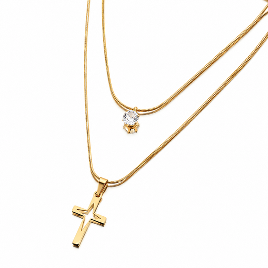 Gold Layered Cross & Solitaire Necklace
