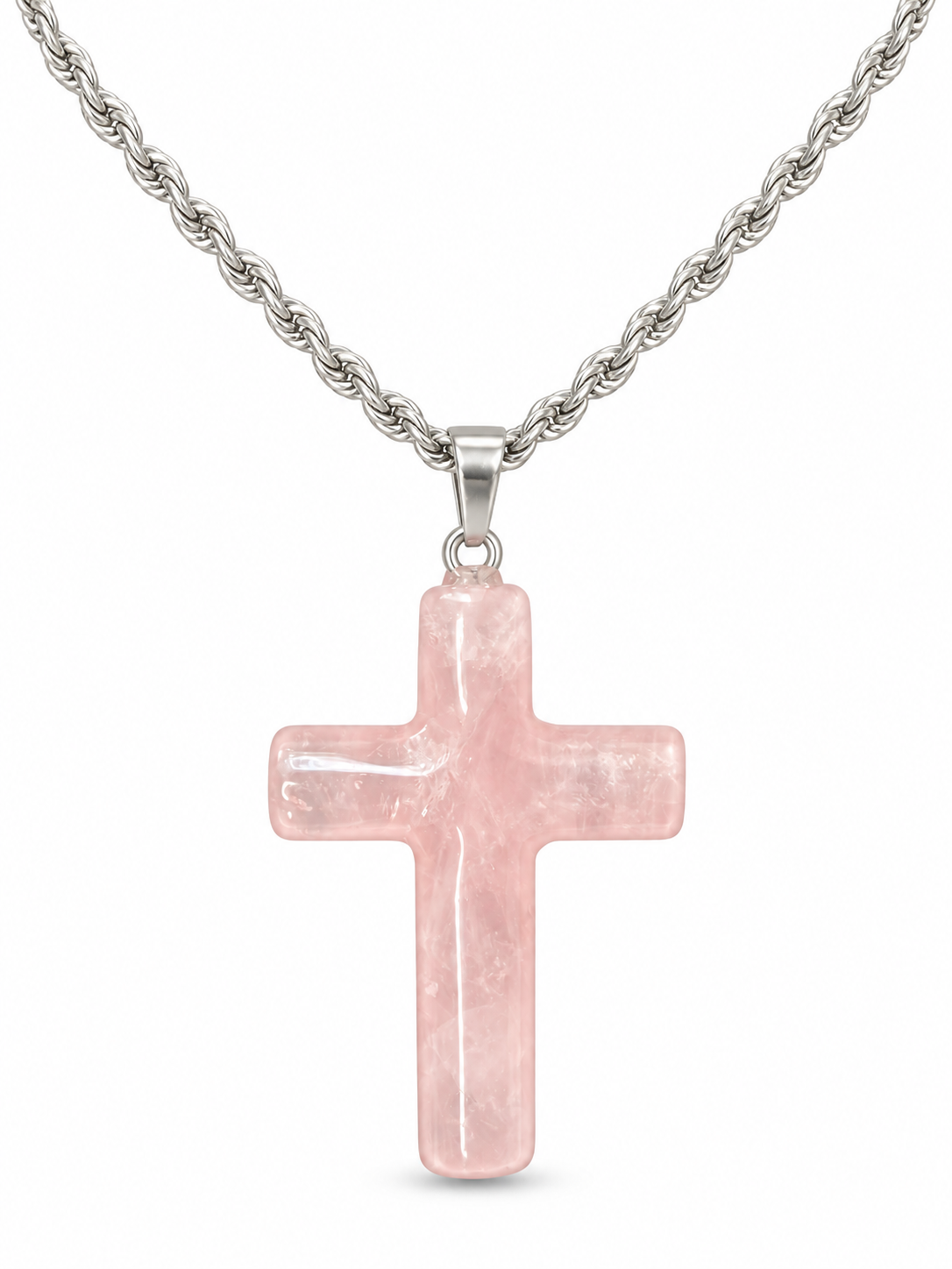 Silver Pink Crystal Cross Pendant Necklace