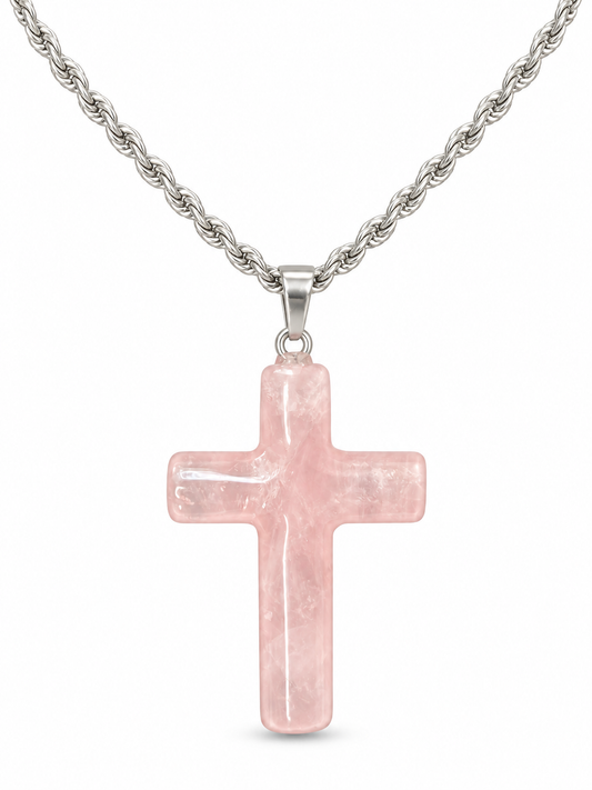 Silver Pink Crystal Cross Pendant Necklace