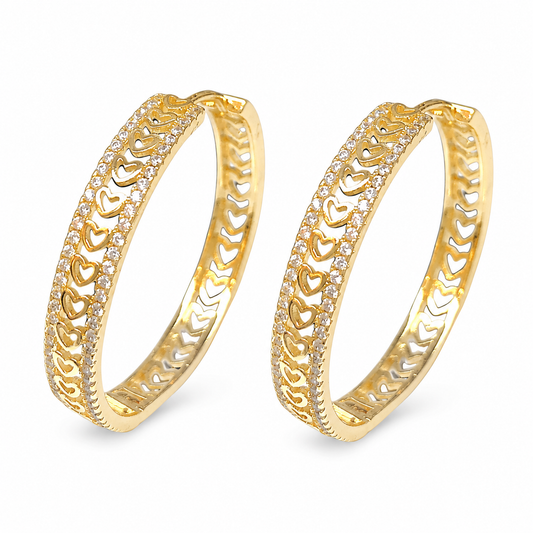 Gold Zircon Heart-Cutout Hoop Earrings