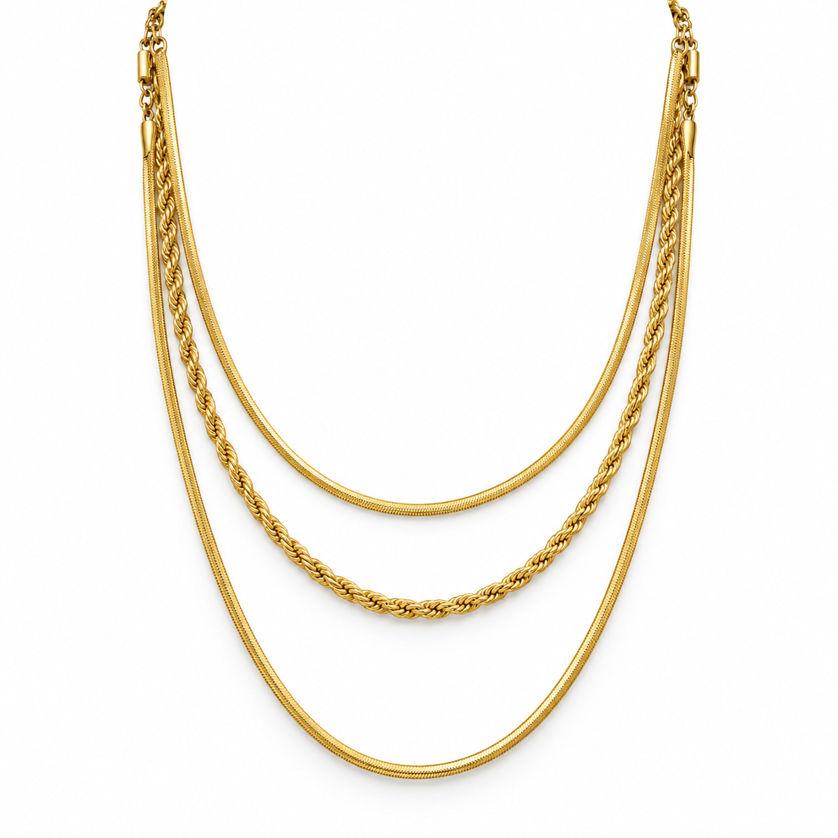 Gold Triple Layer Snake Bone & Twist Rope Chain Necklace Set