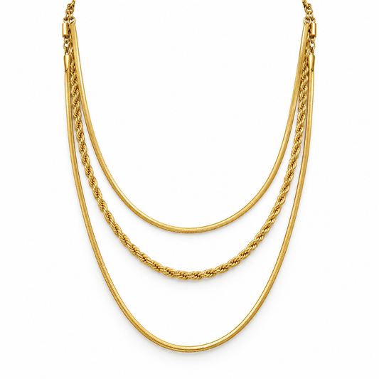Gold Triple Layer Snake Bone & Twist Rope Chain Necklace Set
