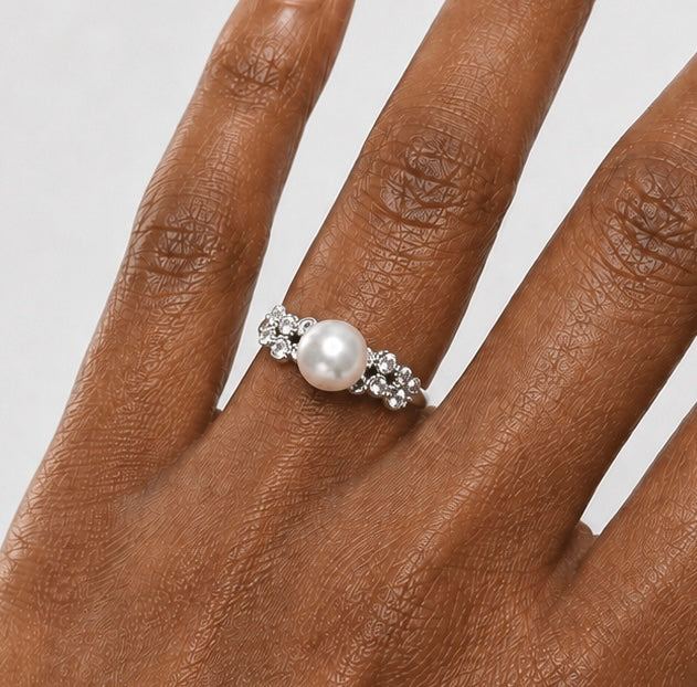 Silver Imitation Pearl Adjustable Ring – Floral Design