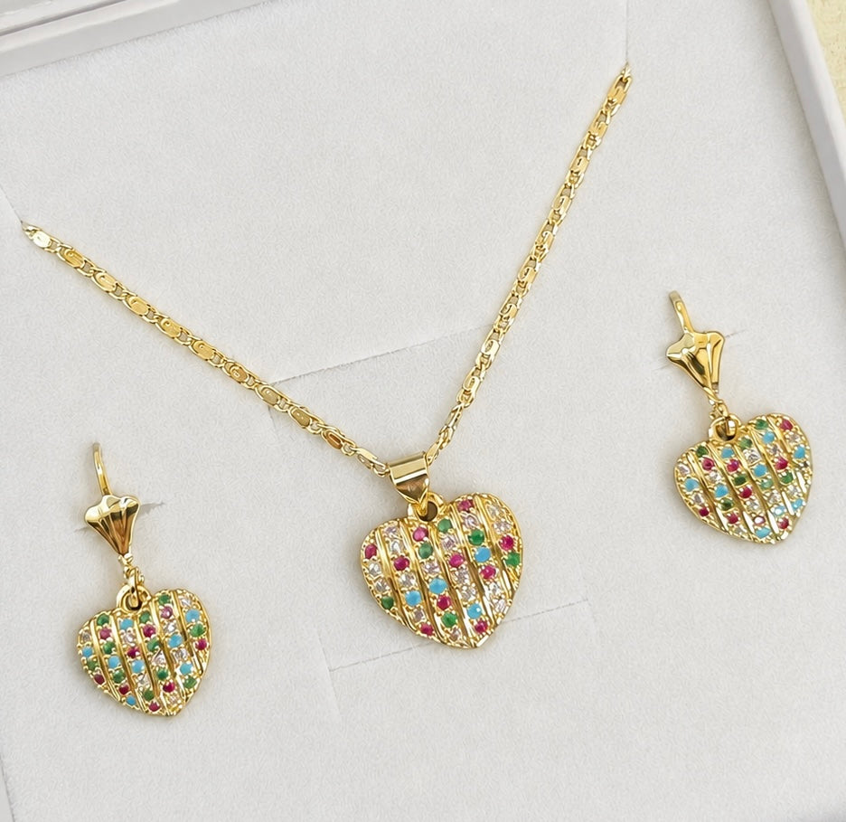 Multi-Color Heart Necklace & Earring Set